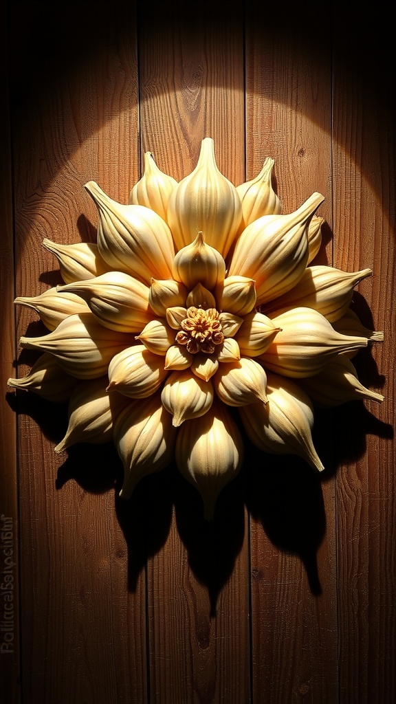Creative 3D garlic art arrangement on a wooden background.